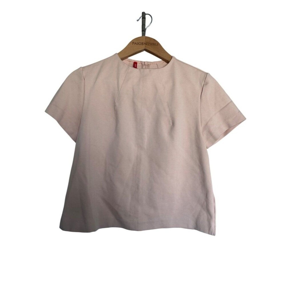 Spanx Small The Perfect Funnel Top Shirt Blouse Short Sleeve Pale Pink Office
